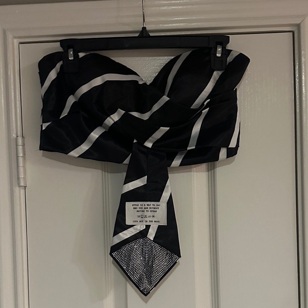 Black and White Striped Strapless Top with Neck Tie Detail